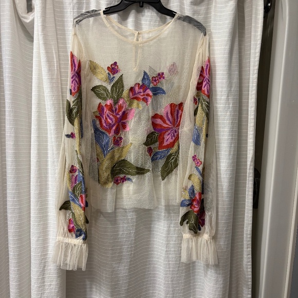 Anthropologie Tops - Anthropologie Sheer Lace Embroidery Shirt Size XL Floral Appliqué, Romantic Boho